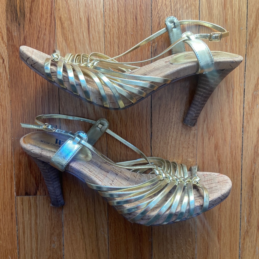 Gold Strapped Open Toe Heels